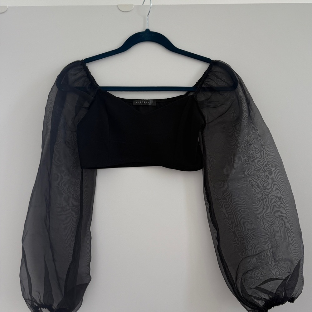 Blue Blush Black Sheer Sleeve Blouse